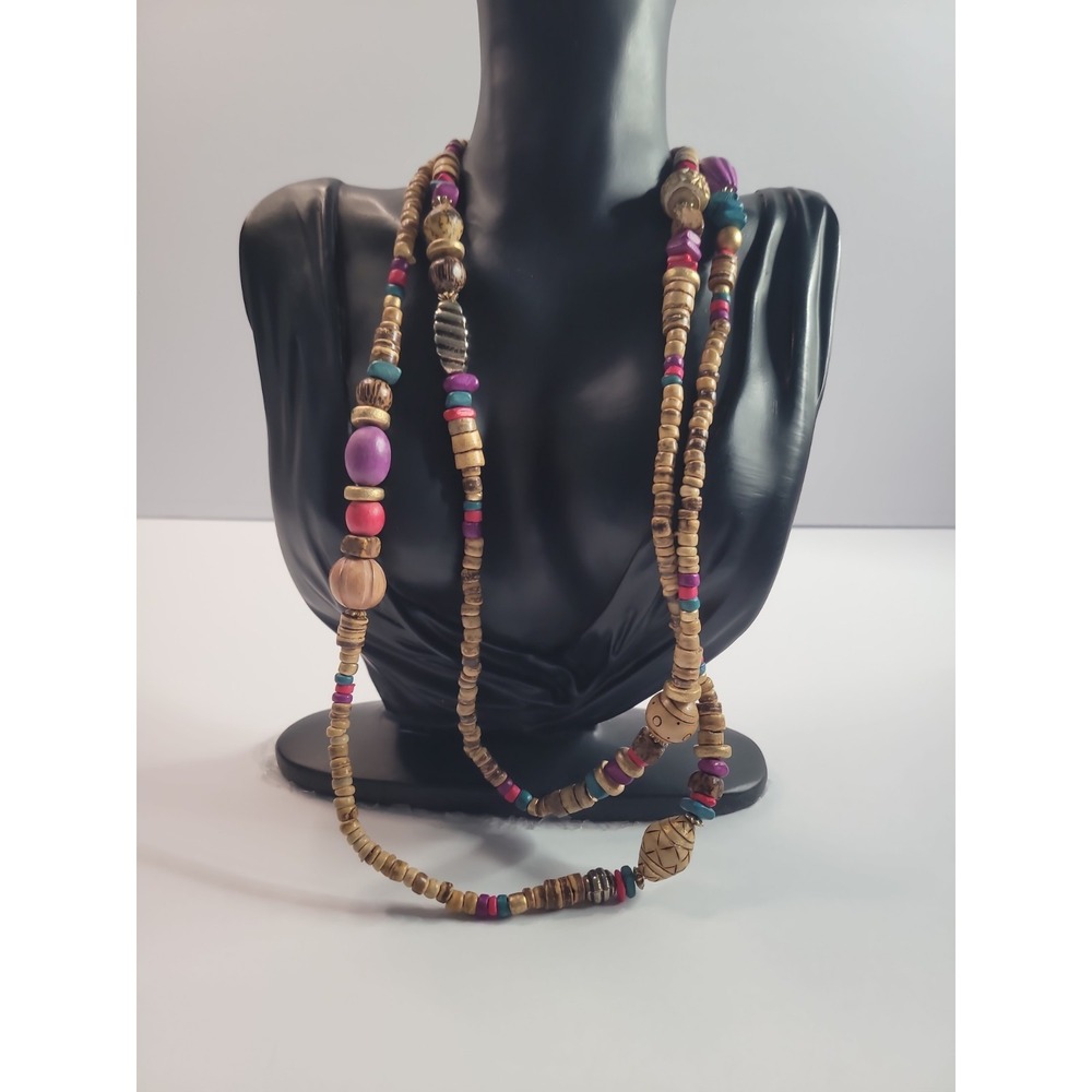 Long Multicolor Wood Bead Boho Wrap Necklace Pink Blue Purple Tan